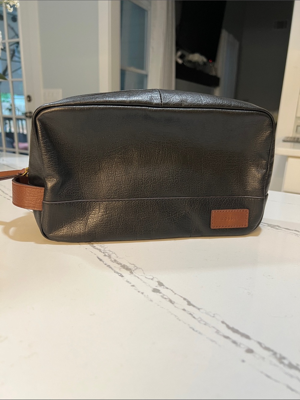 Fossil Black Leather Toiletry Bag with Brown Leather Strap